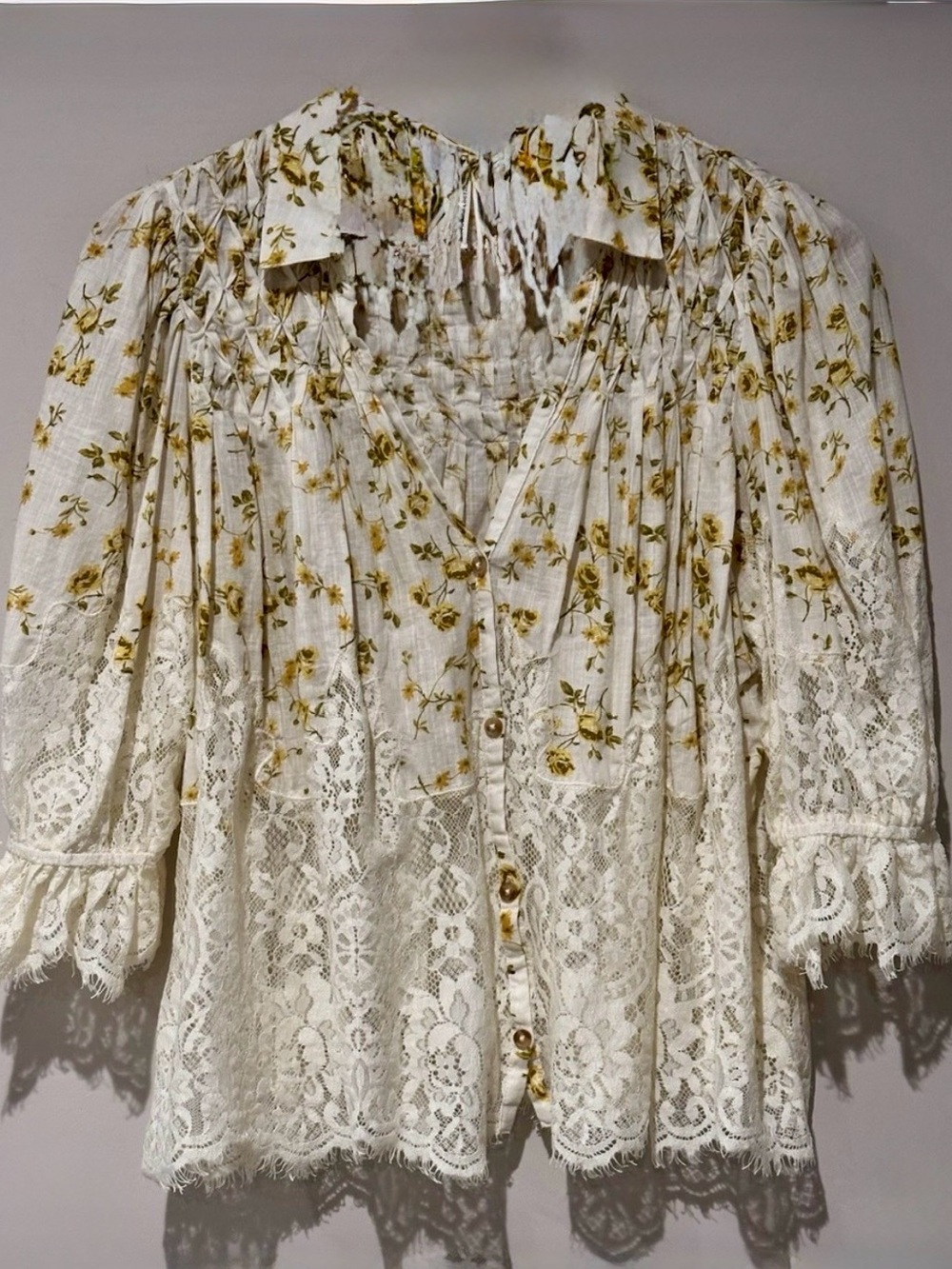 Brand New by Anthropologie Cream & Yellow Floral Lace Button-Front Blouse